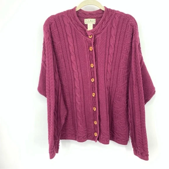 【セール】L.L Bean cotton Knit 90s LL Bean Women Size Large Sweater Vintage 90s Cardigan Fisherman Knit Purple